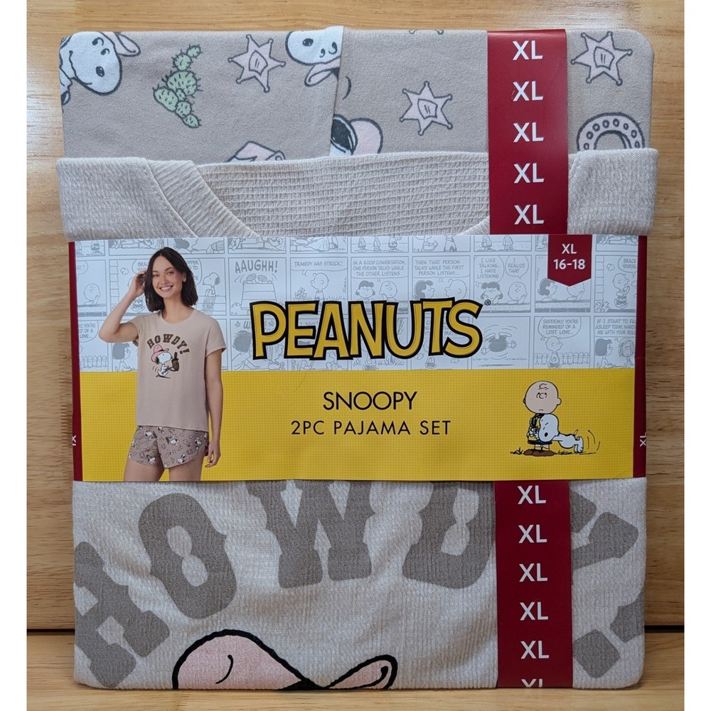 Peanuts Snoopy Womens Pajama Set XL 16-18 Waffle Knit Howdy Cowboy Beige 2pc